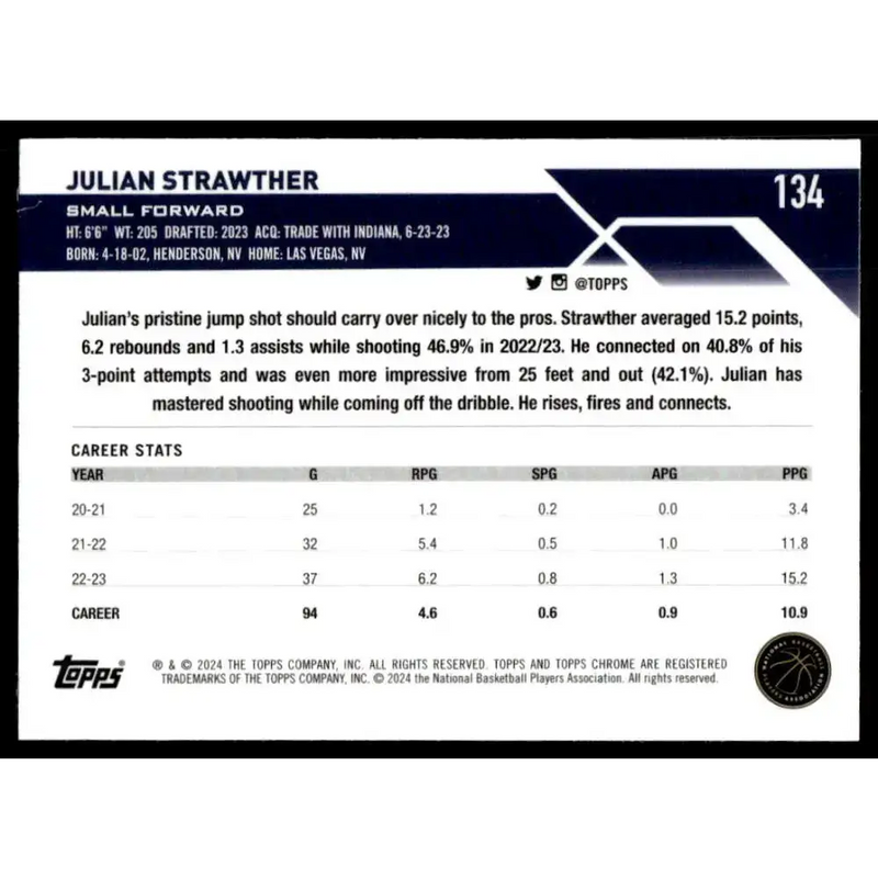 2023-24 Topps Chrome #134 Julian Strawther NM-MT Denver Nuggets Basketball Card - Basketball Card Single
