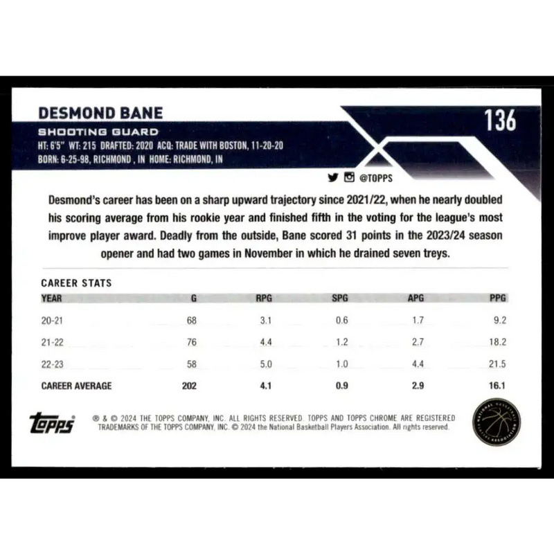 2023-24 Topps Chrome #136 Desmond Bane NM-MT Memphis Grizzlies Basketball Card - Basketball Card Single