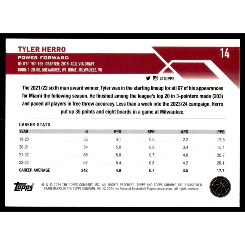 2023-24 Topps Chrome #14 Tyler Herro NM-MT Miami Heat Basketball Card - Basketball Card Single
