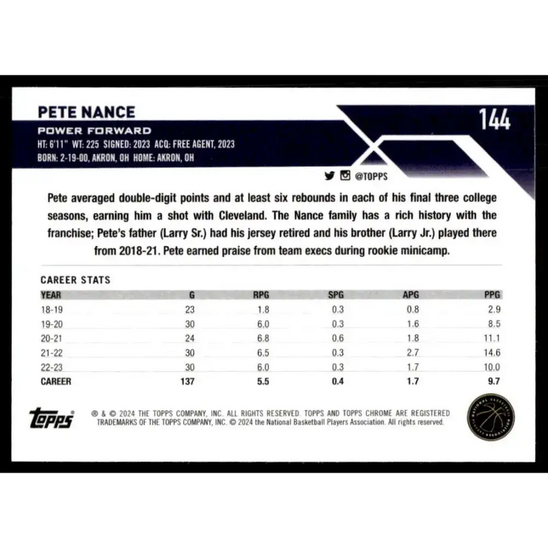 2023-24 Topps Chrome #144 Pete Nance NM-MT Cleveland Cavaliers Basketball Card - Basketball Card Single