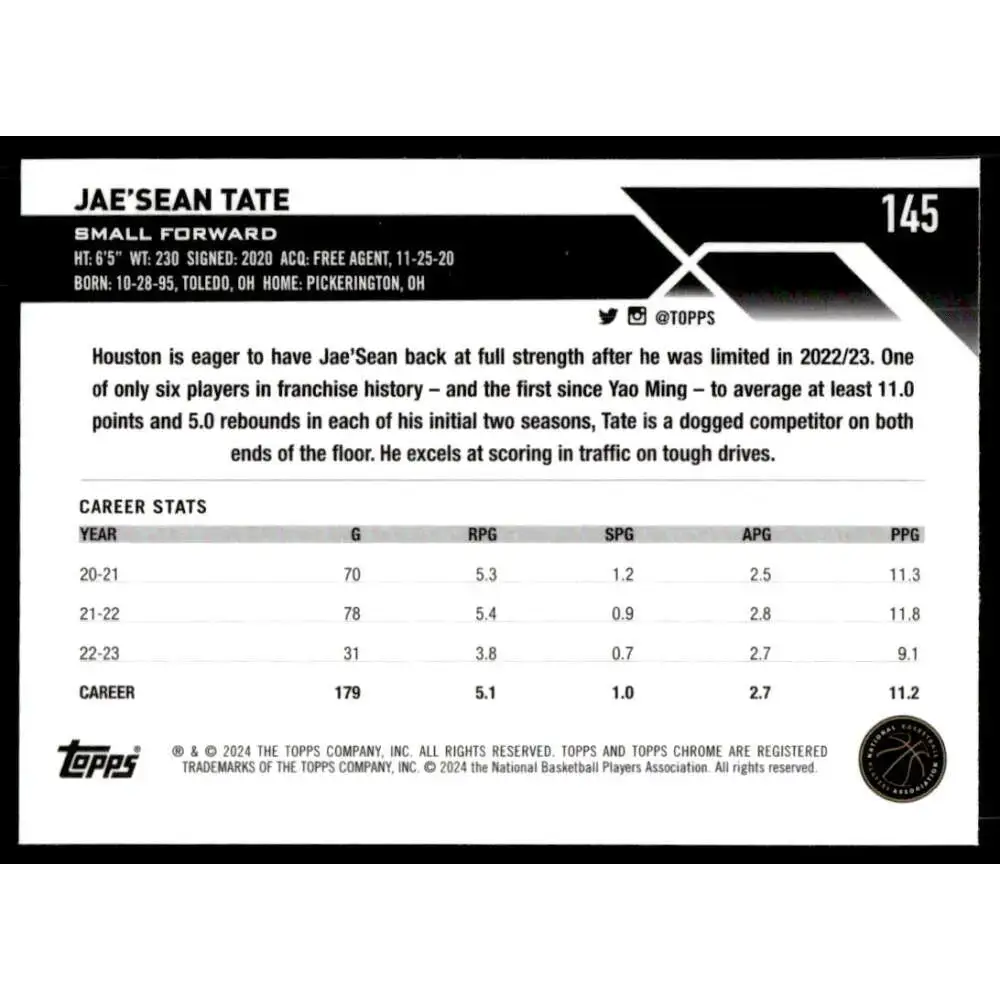 2023-24 Topps Chrome #145 Jae’Sean Tate NM-MT Houston Rockets Basketball Card - Basketball Card Single