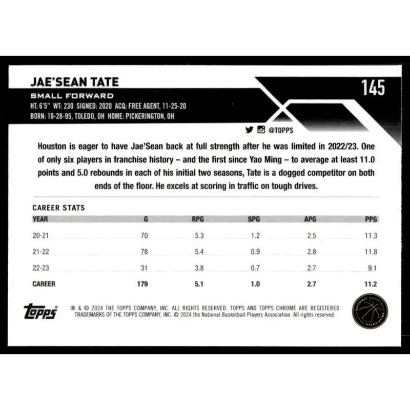 2023-24 Topps Chrome #145 Jae’Sean Tate NM-MT Houston Rockets Basketball Card - Basketball Card Single
