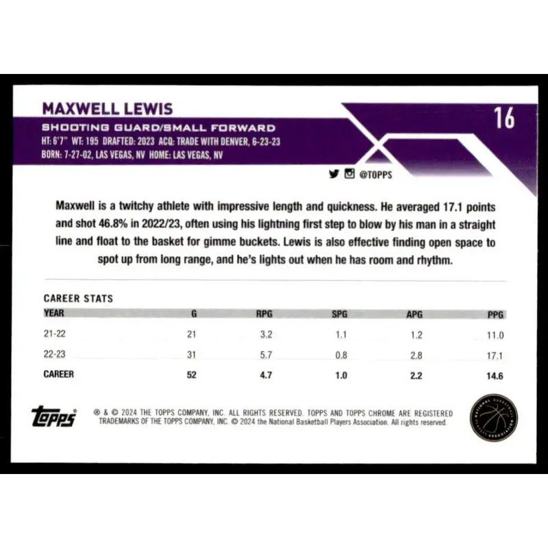 2023-24 Topps Chrome #16 Maxwell Lewis NM-MT Los Angeles Clippers Basketball Card - Basketball Card Single