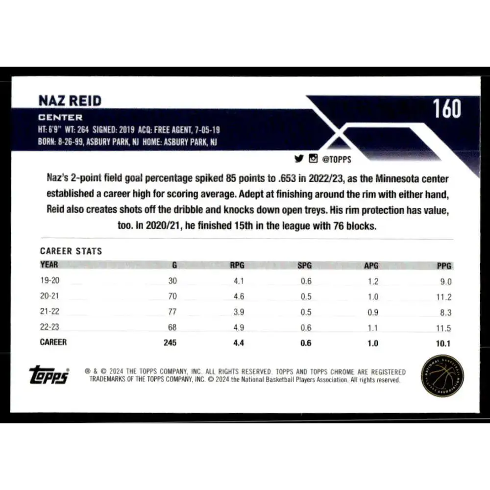 2023-24 Topps Chrome #160 Naz Reid NM-MT Minnesota Timberwolves Basketball Card - Basketball Card Single