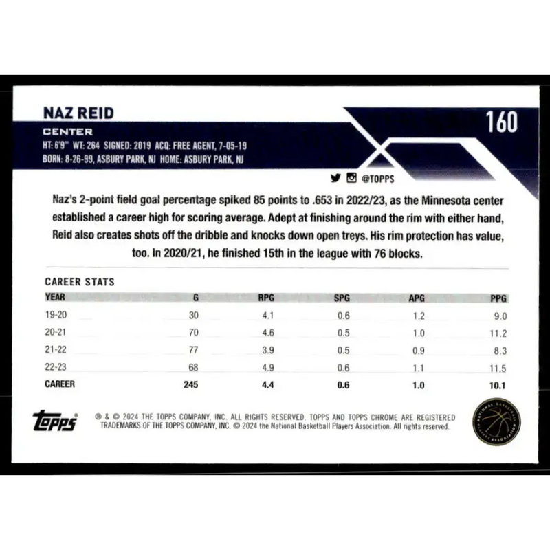 2023-24 Topps Chrome #160 Naz Reid NM-MT Minnesota Timberwolves Basketball Card - Basketball Card Single