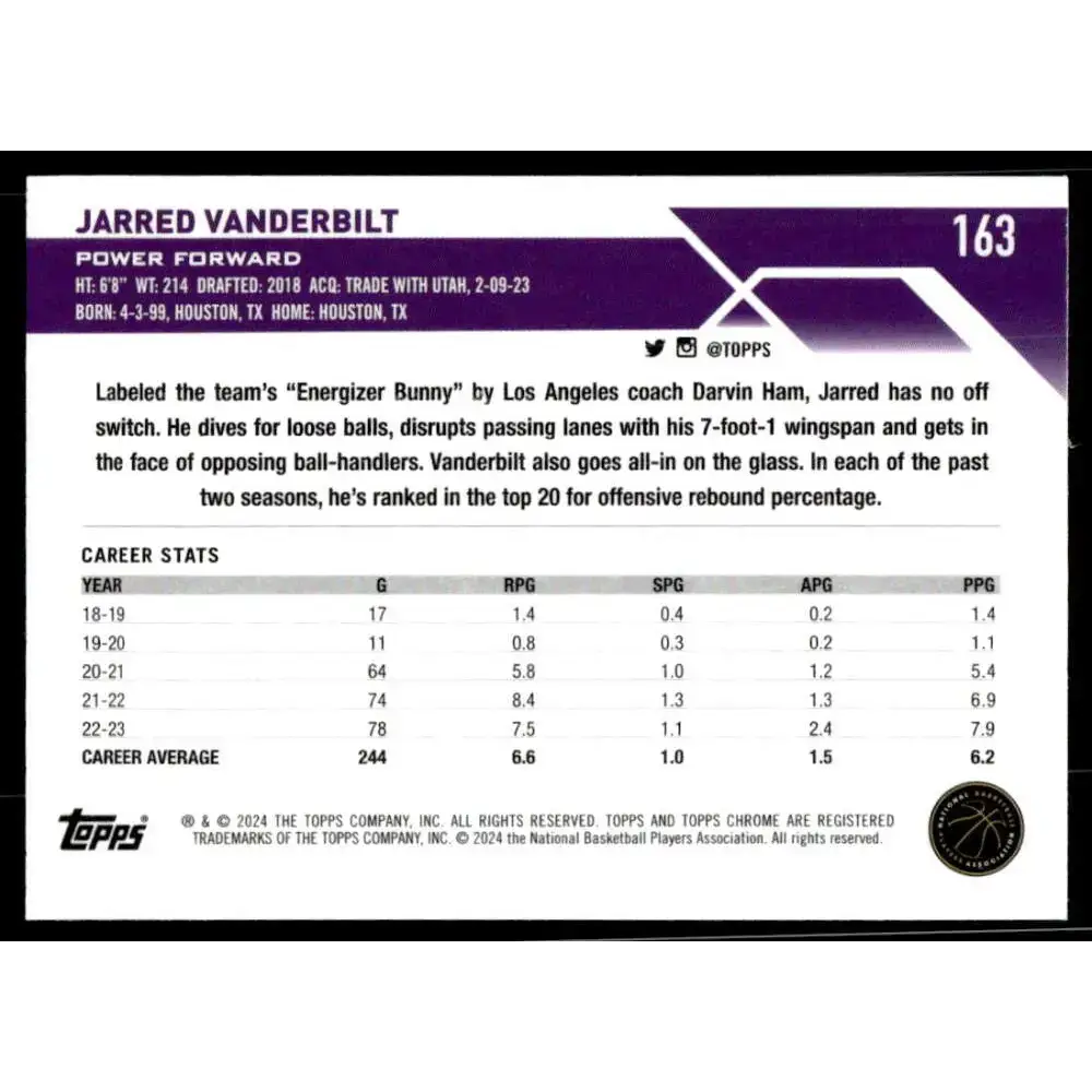 2023-24 Topps Chrome #163 Jarred Vanderbilt NM-MT Los Angeles Lakers Basketball Card - Basketball Card Single