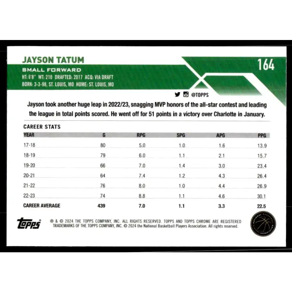2023-24 Topps Chrome #164 Jayson Tatum NM-MT Boston Celtics Basketball Card - Basketball Card Single