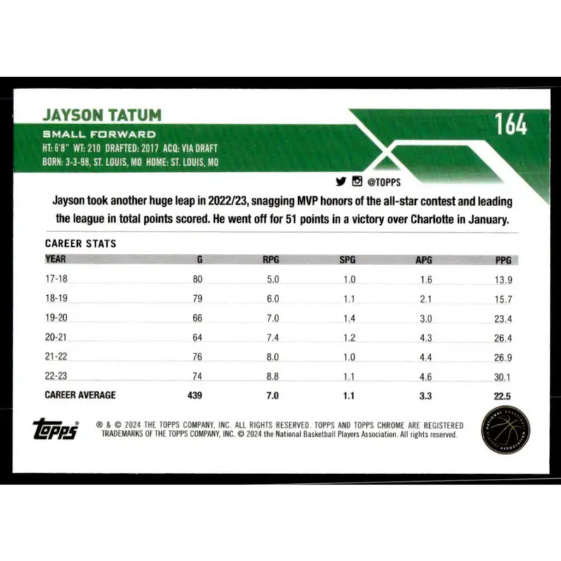 2023-24 Topps Chrome #164 Jayson Tatum NM-MT Boston Celtics Basketball Card - Basketball Card Single