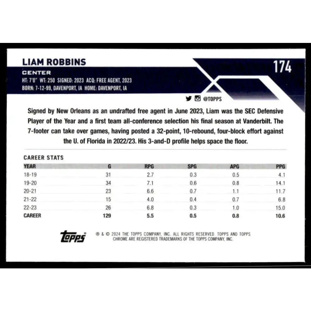 2023-24 Topps Chrome #174 Liam Robbins NM-MT New Orleans Pelicans Basketball Card - Basketball Card Single