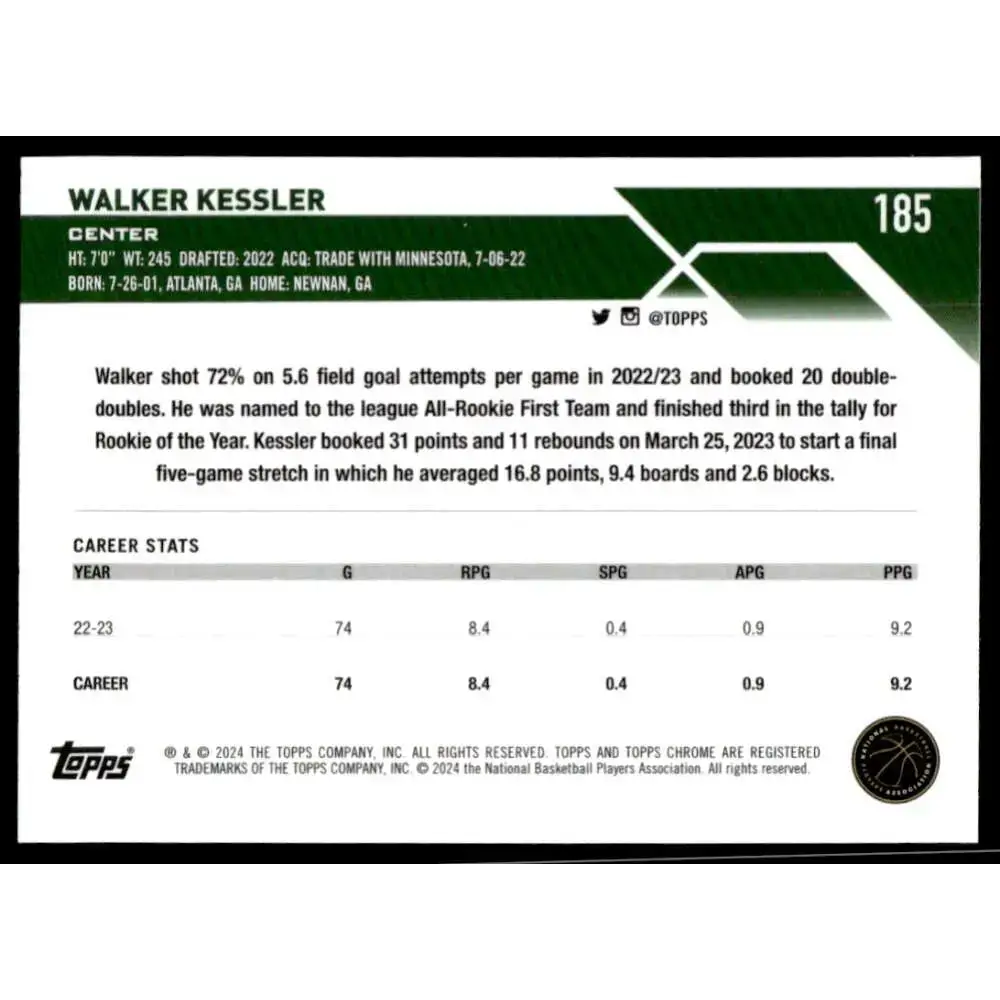 2023-24 Topps Chrome #185 Walker Kessler NM-MT Utah Jazz Basketball Card - Basketball Card Single