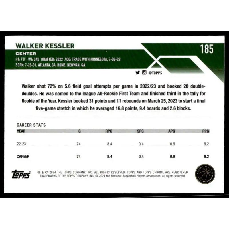 2023-24 Topps Chrome #185 Walker Kessler NM-MT Utah Jazz Basketball Card - Basketball Card Single