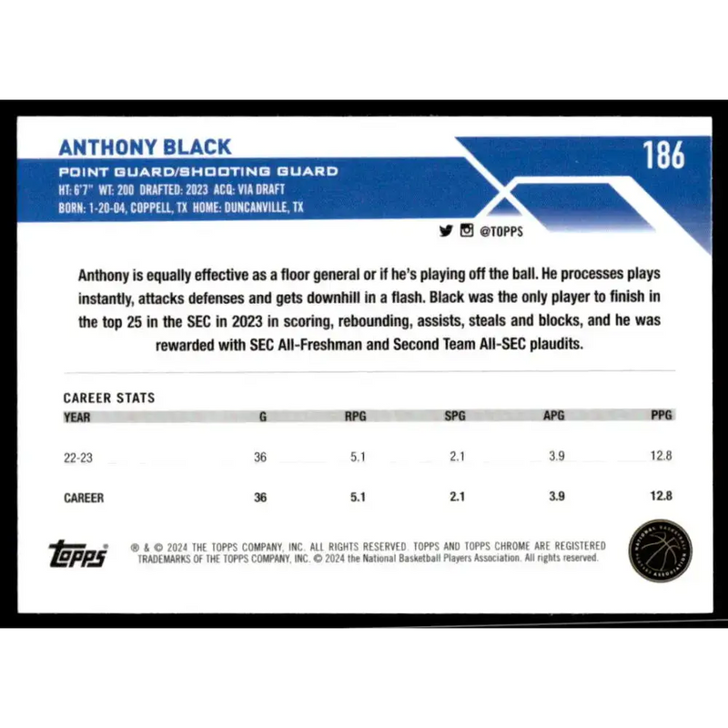2023-24 Topps Chrome #186 Anthony Black NM-MT Orlando Magic Basketball Card - Basketball Card Single