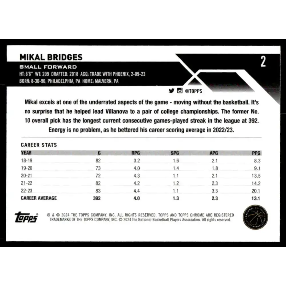 2023-24 Topps Chrome #2 Mikal Bridges NM-MT Brooklyn Nets Basketball Card - Basketball Card Single