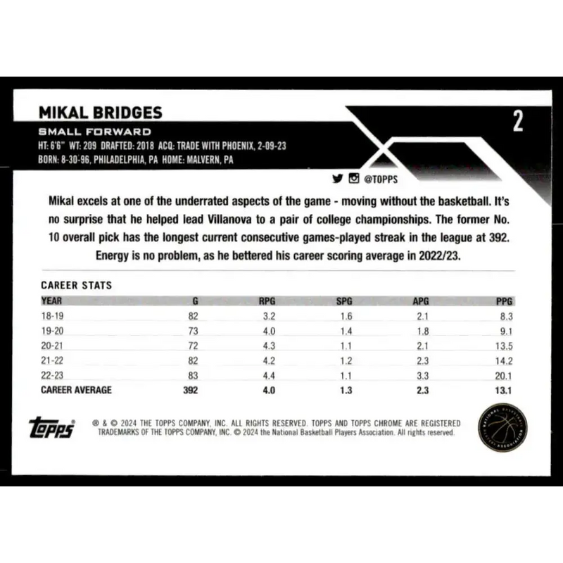 2023-24 Topps Chrome #2 Mikal Bridges NM-MT Brooklyn Nets Basketball Card - Basketball Card Single
