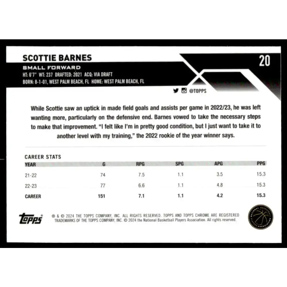 2023-24 Topps Chrome #20 Scottie Barnes NM-MT Toronto Raptors Basketball Card - Basketball Card Single