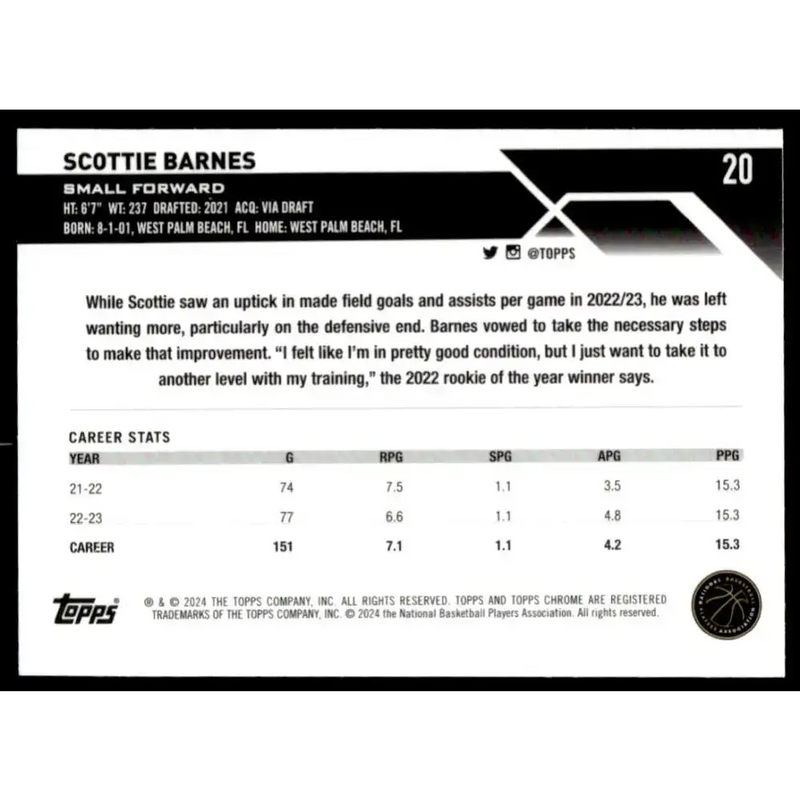 2023-24 Topps Chrome #20 Scottie Barnes NM-MT Toronto Raptors Basketball Card - Basketball Card Single