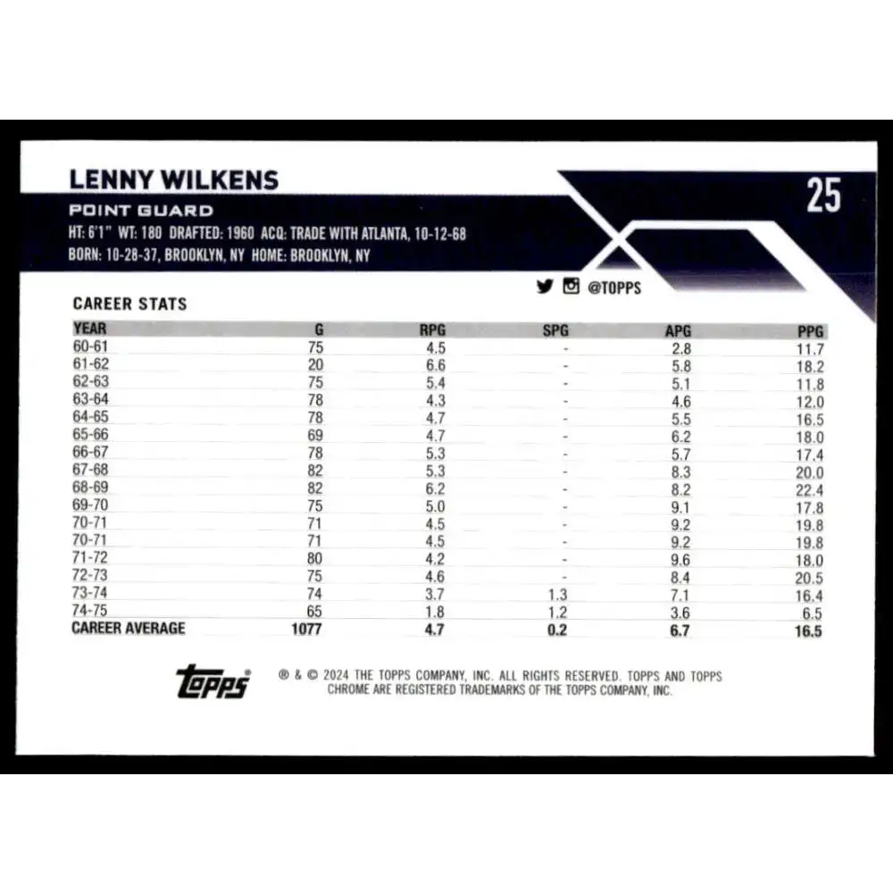 2023-24 Topps Chrome #25 Lenny Wilkens NM-MT Cleveland Cavaliers Basketball Card - Basketball Card Single