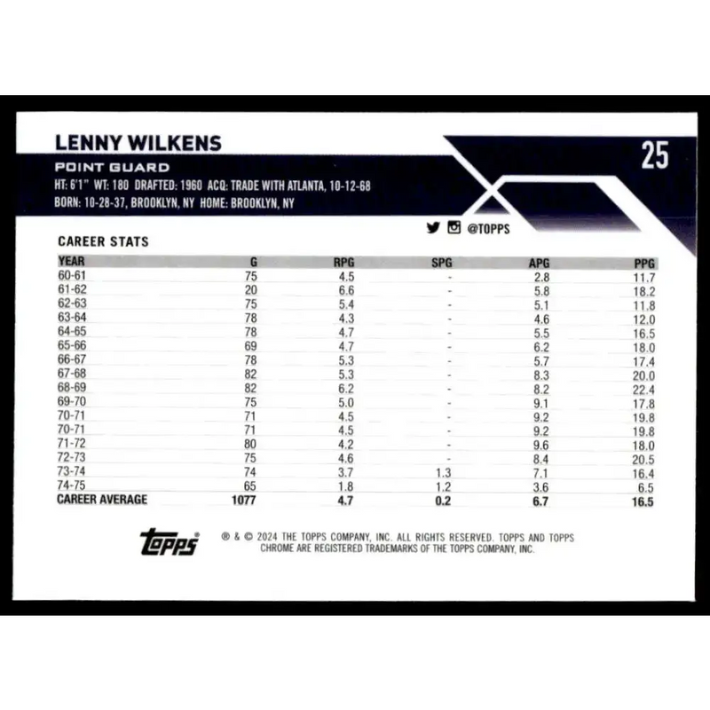 2023-24 Topps Chrome #25 Lenny Wilkens NM-MT Cleveland Cavaliers Basketball Card - Basketball Card Single