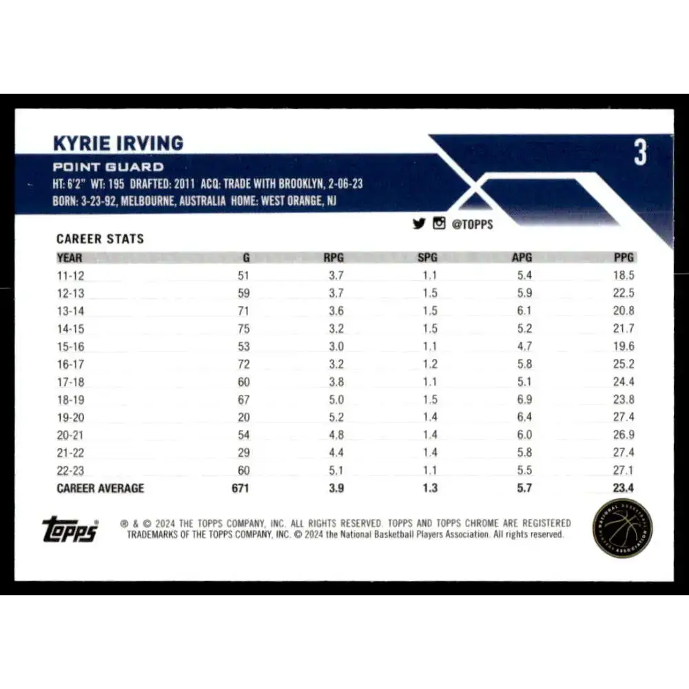 2023-24 Topps Chrome #3 Kyrie Irving NM-MT Dallas Mavericks Basketball Card - Basketball Card Single