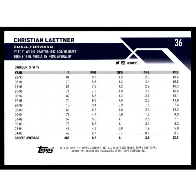2023-24 Topps Chrome #36 Christian Laettner NM-MT Minnesota Timberwolves Basketball Card - Basketball Card Single