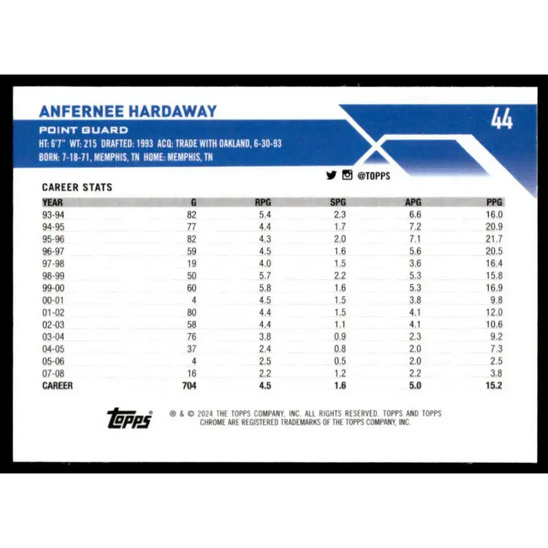 2023-24 Topps Chrome #44 Anfernee Hardaway NM-MT Orlando Magic Basketball Card - Basketball Card Single