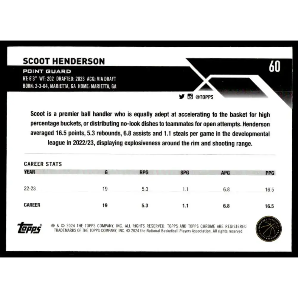 2023-24 Topps Chrome #60 Scoot Henderson NM-MT Portland Trail Blazers Basketball Card - Basketball Card Single