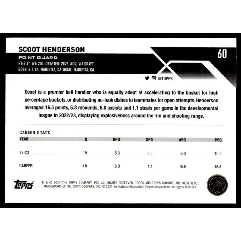 2023-24 Topps Chrome #60 Scoot Henderson NM-MT Portland Trail Blazers Basketball Card - Basketball Card Single