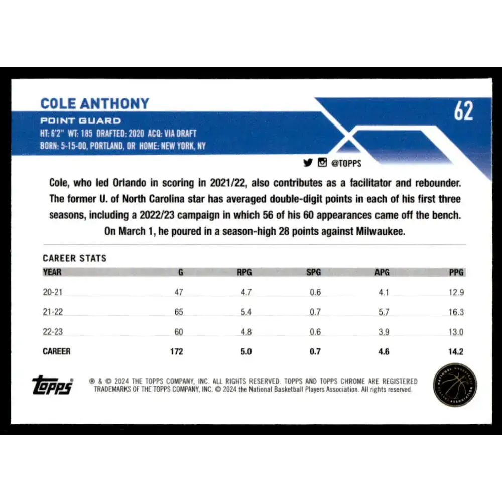 2023-24 Topps Chrome #62 Cole Anthony NM-MT Orlando Magic Basketball Card - Basketball Card Single