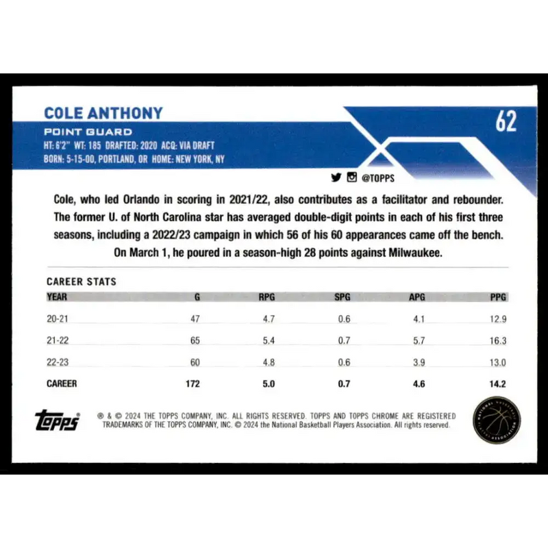 2023-24 Topps Chrome #62 Cole Anthony NM-MT Orlando Magic Basketball Card - Basketball Card Single