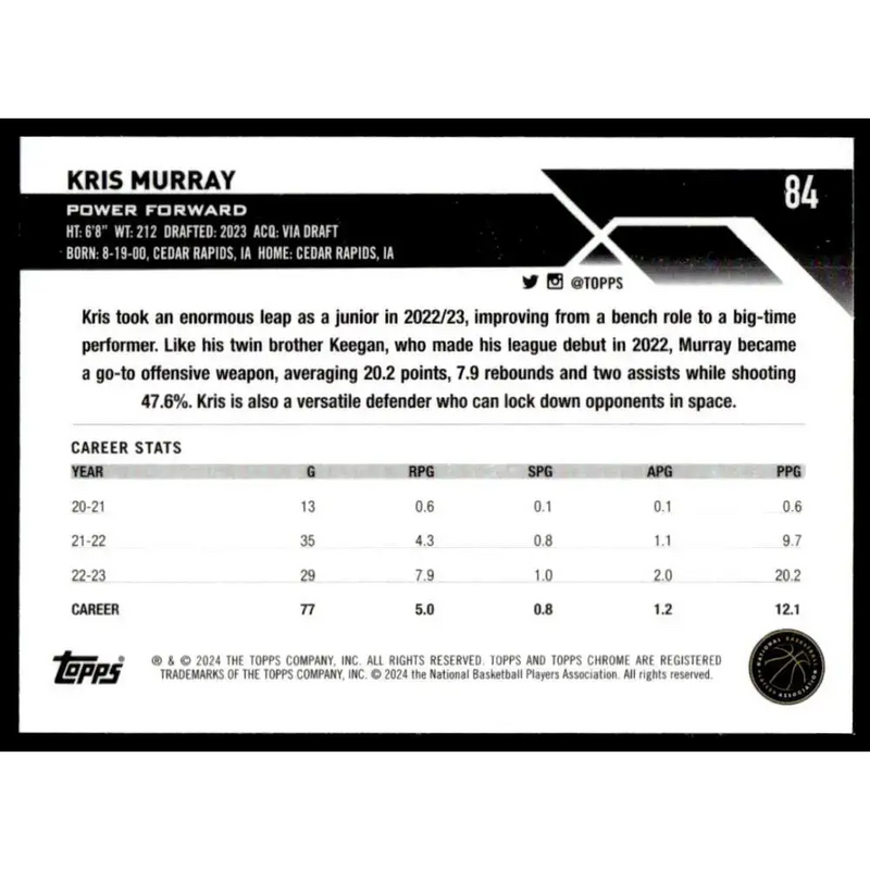 2023-24 Topps Chrome #84 Kris Murray NM-MT Portland Trail Blazers Basketball Card - Basketball Card Single