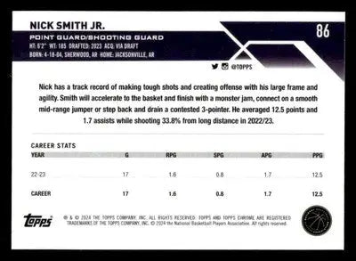 2023-24 Topps Chrome #86 Nick Smith Jr. Base RC Charlotte Hornets - Basketball Card Single