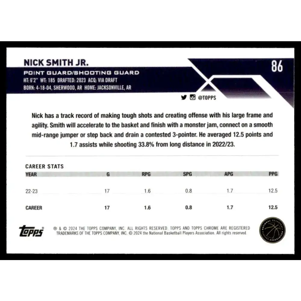 2023-24 Topps Chrome #86 Nick Smith Jr. NM-MT Charlotte Hornets Basketball Card - Basketball Card Single
