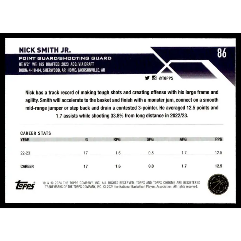2023-24 Topps Chrome #86 Nick Smith Jr. NM-MT Charlotte Hornets Basketball Card - Basketball Card Single