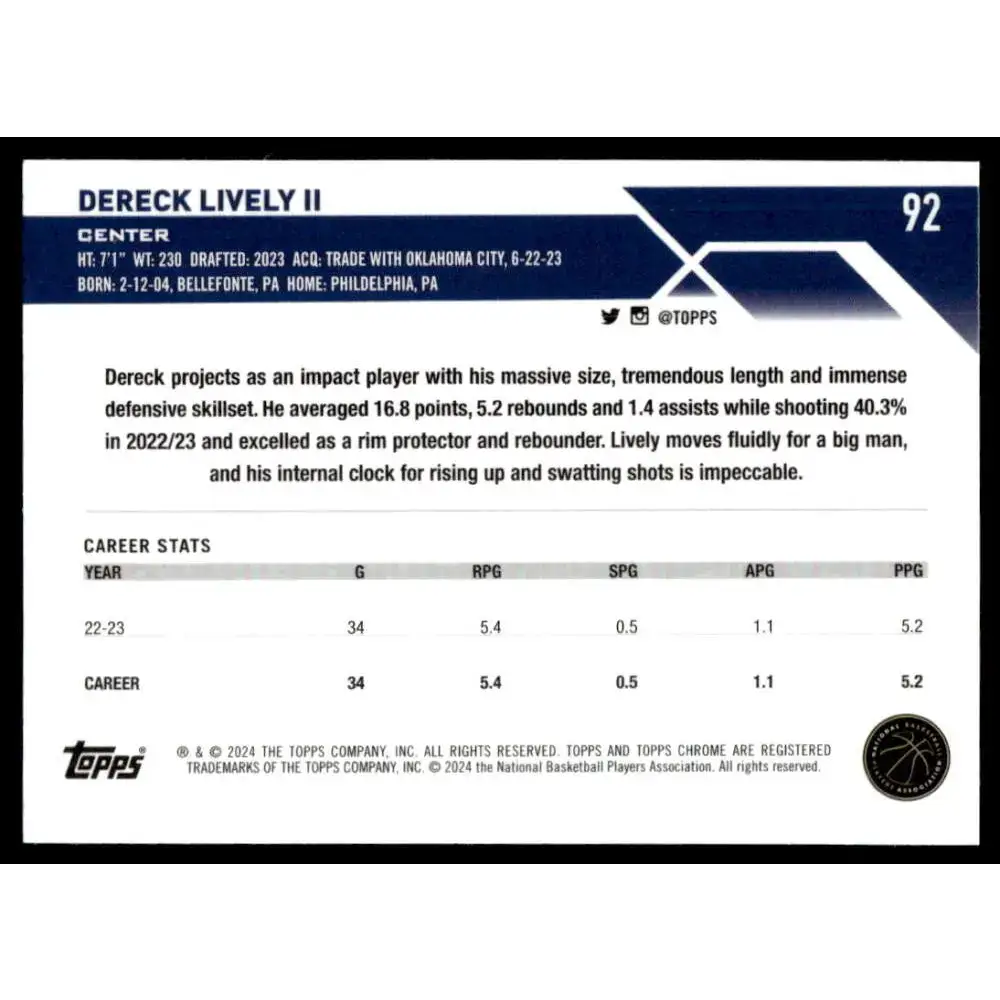 2023-24 Topps Chrome #92 Dereck Lively II NM-MT Dallas Mavericks Basketball Card - Basketball Card Single