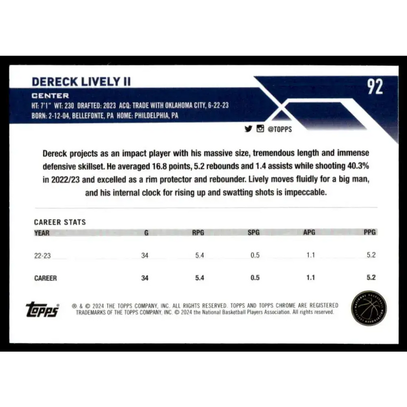 2023-24 Topps Chrome #92 Dereck Lively II NM-MT Dallas Mavericks Basketball Card - Basketball Card Single