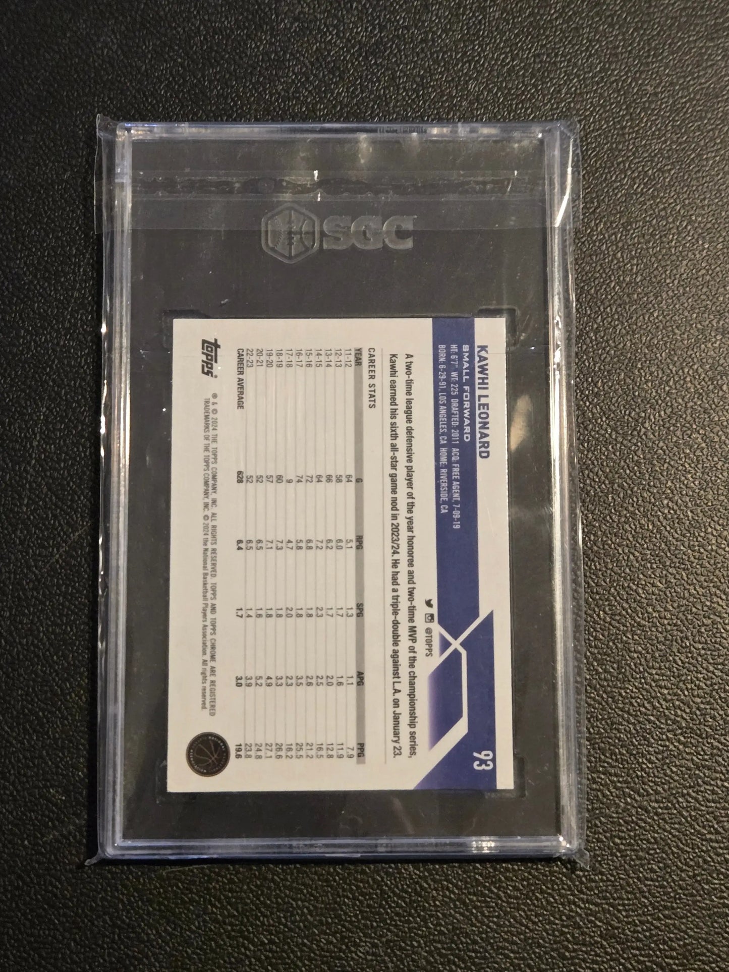 2023-24 Topps Chrome #93 Kawhi Leonard Green Logo Refractors SGC 9.5 - Basketball Card Single