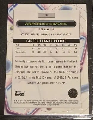 2023-24 Topps Chrome Cosmic #104 Anfernee Simons - Basketball Card Single