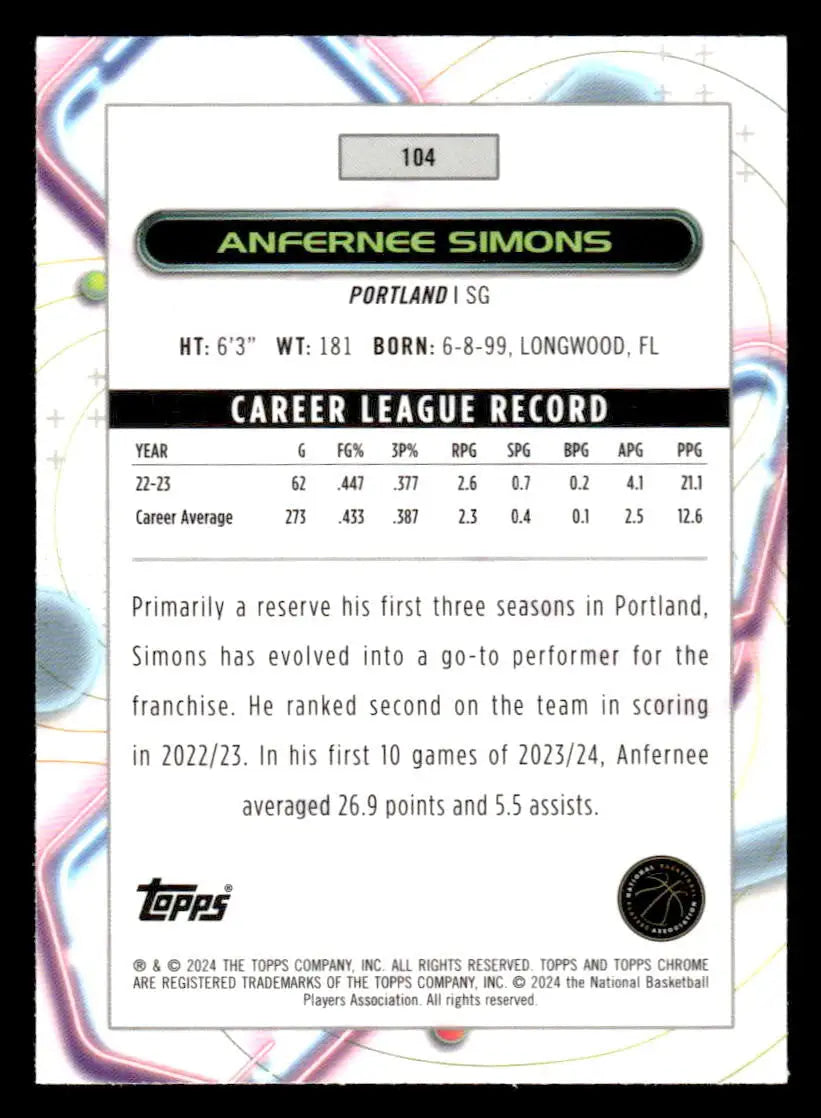 2023-24 Topps Chrome Cosmic #104 Anfernee Simons - Basketball Card Single