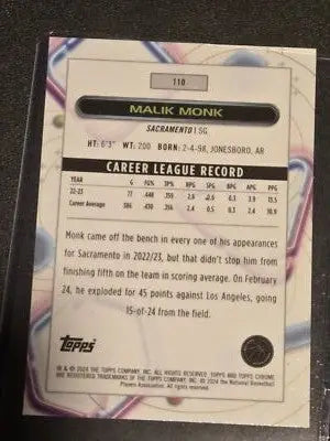 2023-24 Topps Chrome Cosmic #110 Malik Monk - Basketball Card Single