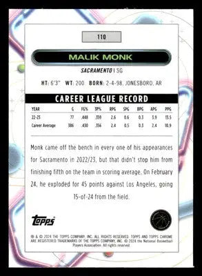 2023-24 Topps Chrome Cosmic #110 Malik Monk Base Sacramento Kings - Basketball Card Single