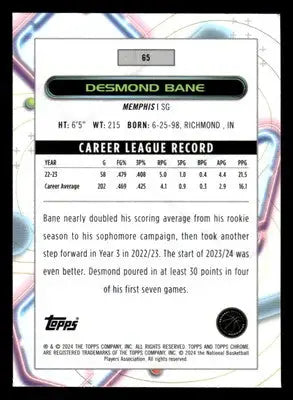 2023-24 Topps Chrome Cosmic #65 Desmond Bane Base Memphis Grizzlies - Basketball Card Single