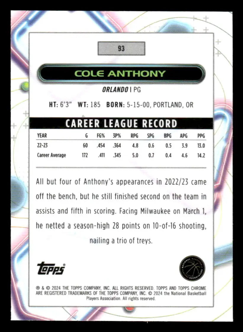 2023-24 Topps Chrome Cosmic #93 Cole Anthony - Basketball Card Single