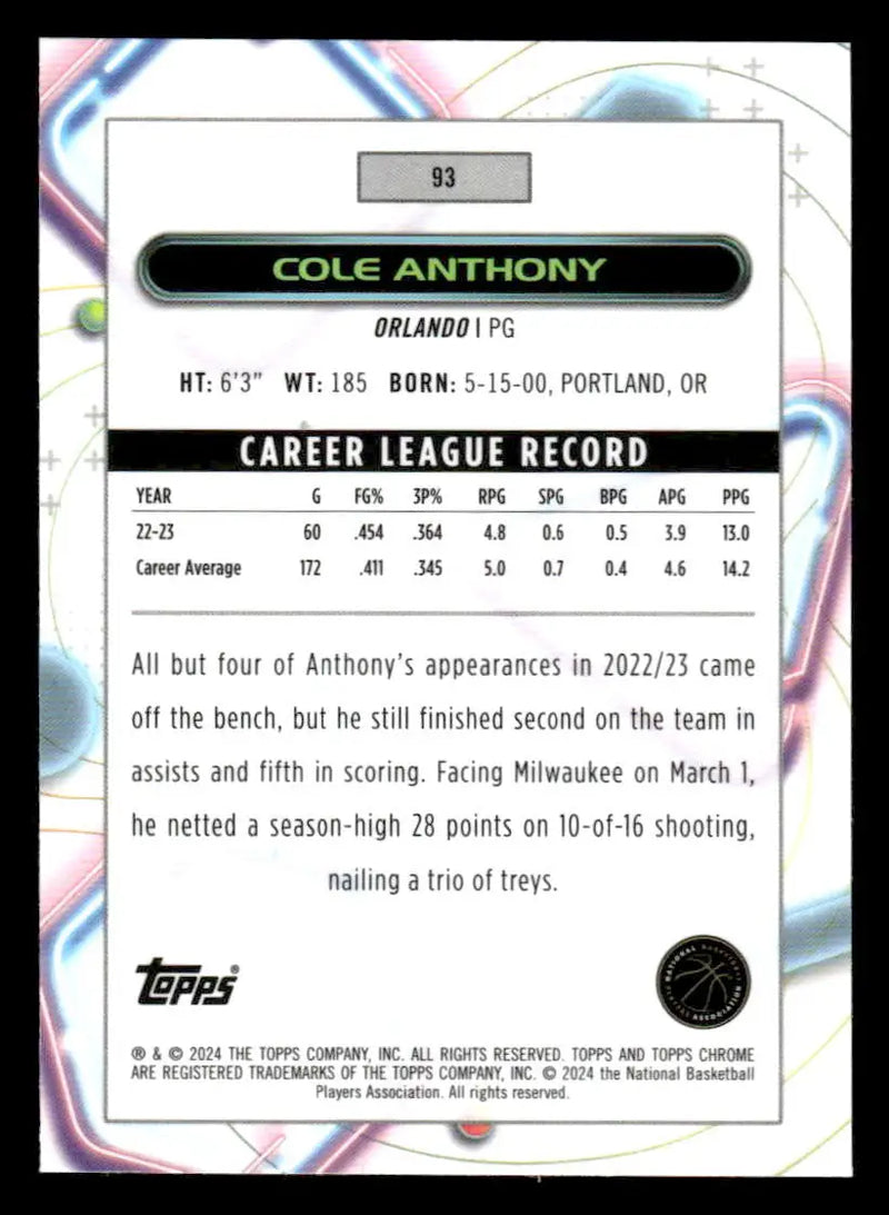 2023-24 Topps Chrome Cosmic #93 Cole Anthony - Basketball Card Single