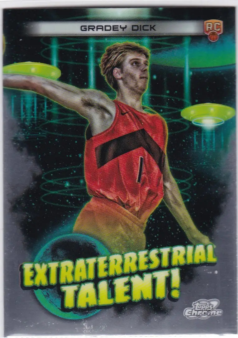 Grady Dick basketball card from 2023-24 Topps Chrome RC Extraterrestrial Talent Raptors