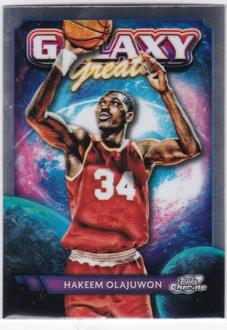 Galaxy Greats Hakeem Olajuwon basketball card from 2023-24 Topps Chrome Rockets