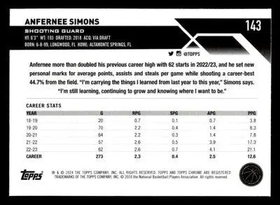 2023-24 Topps Chrome Sapphire Edition #143 Anfernee Simons - Basketball Card Single