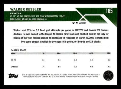 2023-24 Topps Chrome Sapphire Edition #185 Walker Kessler - Basketball Card Single