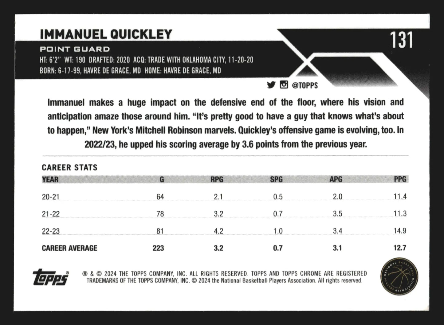 2023-24 Topps Chrome Sapphire Immanuel Quickley #131 Toronto Raptors - Basketball Card Single