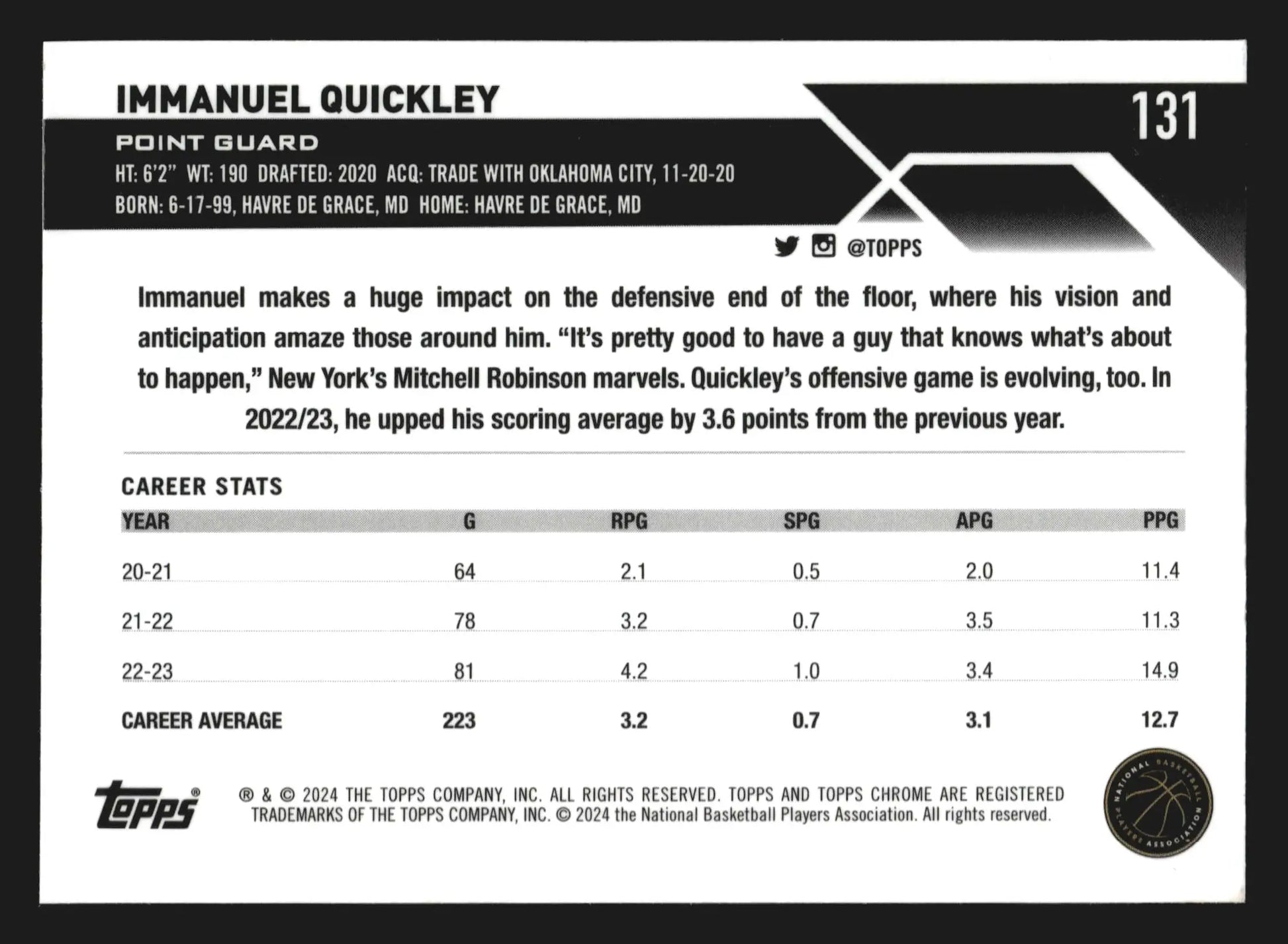 2023-24 Topps Chrome Sapphire Immanuel Quickley #131 Toronto Raptors - Basketball Card Single