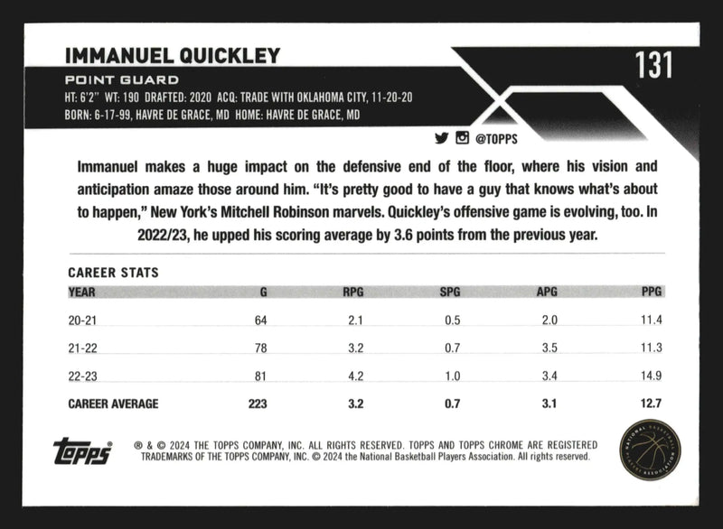 2023-24 Topps Chrome Sapphire Immanuel Quickley #131 Toronto Raptors - Basketball Card Single